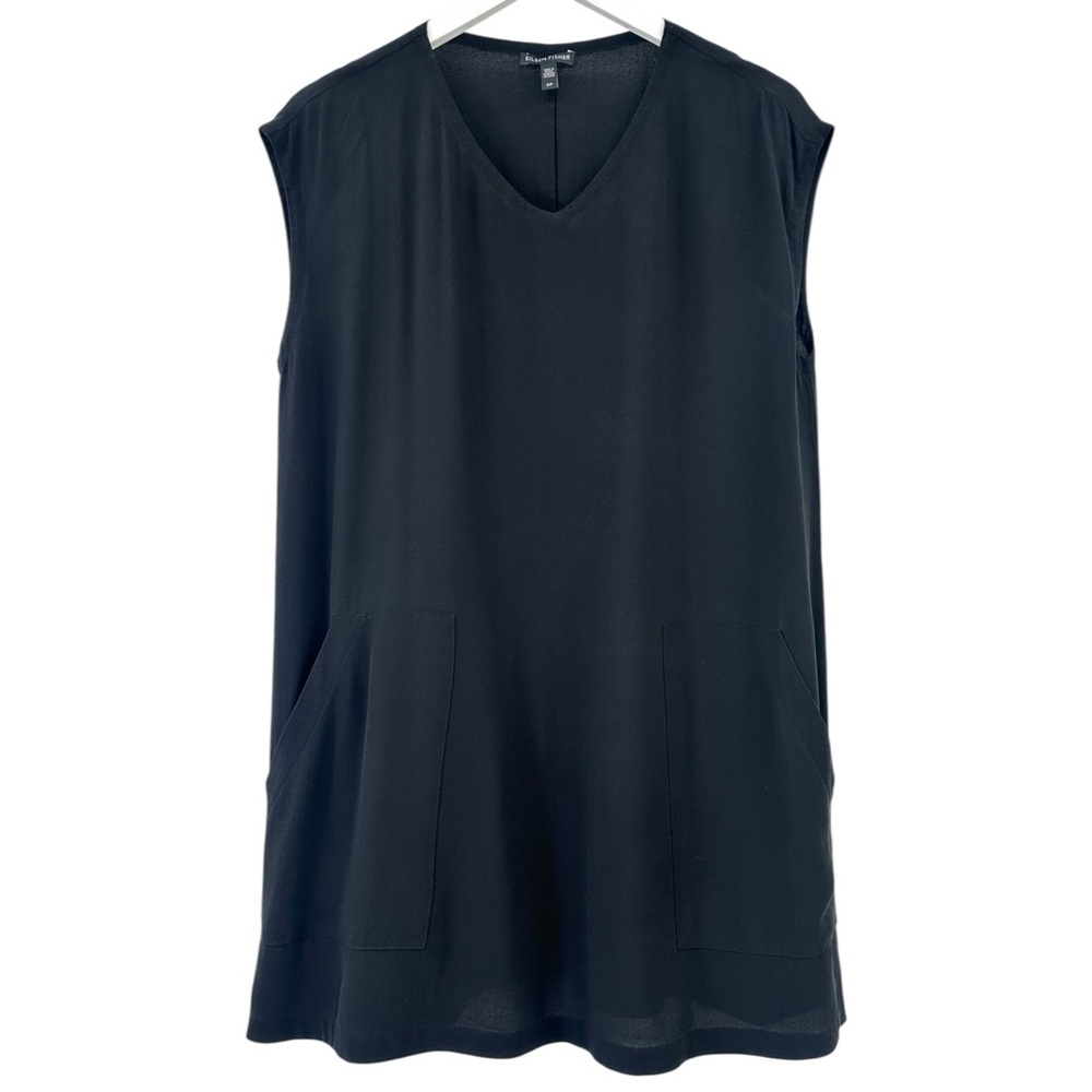 Eileen Fisher Black Loose Fit V-Neck Minimal Silk Tunic Mini Dress with Pockets